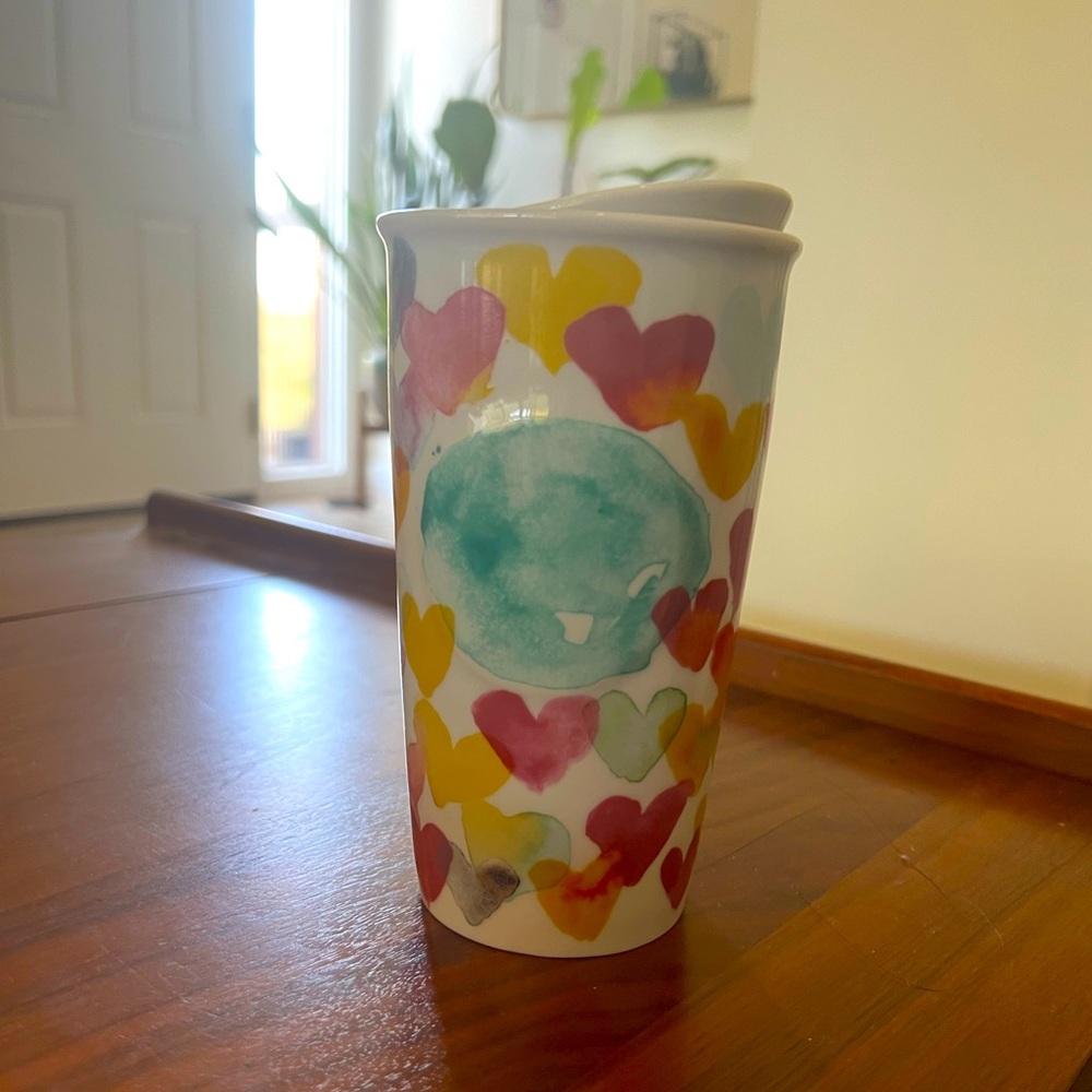 STARBUCKS WATERCOLOR HEART CERAMIC
TRAVEL TUMBLER 10 OZ 2015